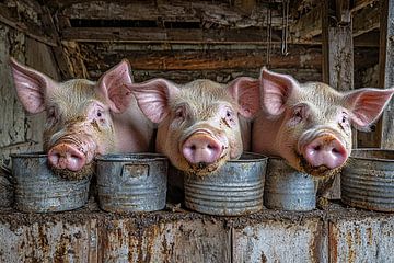Drie varkens in voederbakken van Art & Soul Creations