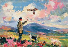 Hunter in the field with flying bird by Niklas Maximilian