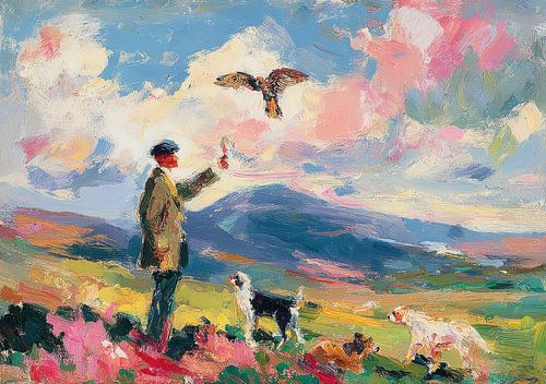 Jager in het veld met vliegende vogel