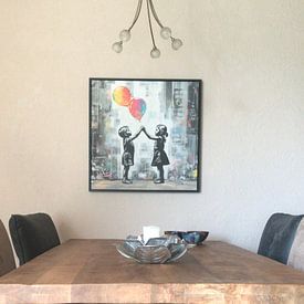 Klantfoto: Rainbow Balloons | Banksy Style Urban Art van Blikvanger Schilderijen, op canvas