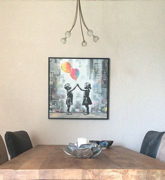 Klantfoto: Rainbow Balloons | Banksy Style Urban Art van Blikvanger Schilderijen