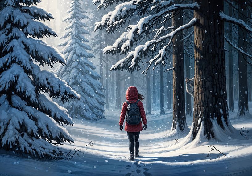 Vrouw in besneeuwd bos met wolf van Markus Gann