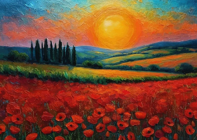 Morning Sunrise in Tuscany with Red Poppies 2 by MIROKKU