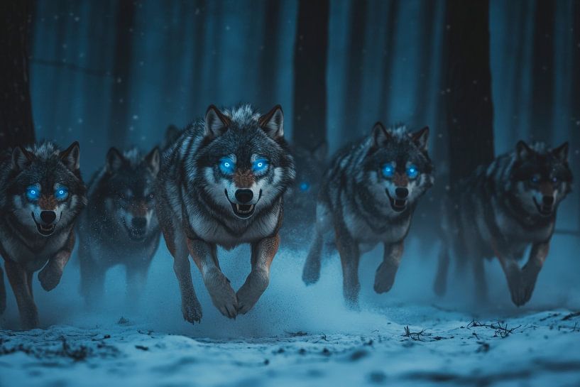 Laufende Wölfe im nächtlichen Wald von Poster Art Shop