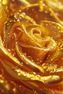 Gouden roos met glinsterende waterdruppels close-up van De Muurdecoratie