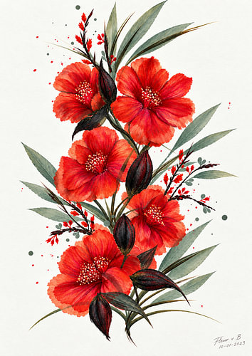 Rote Blumen – botanisches Gemälde