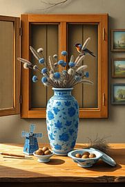 Delfts Blauwe Vaas met Distels en Roodborstje – Vensterlicht van Kleurenrijk