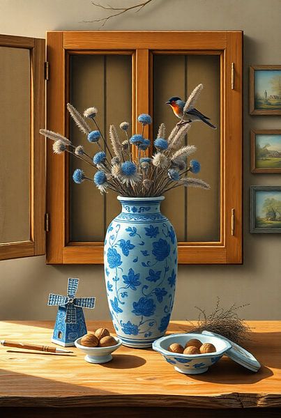 Delfter Blau Vase mit Disteln und Rotkehlchen - Window Light von Kleurenrijk