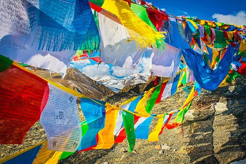 Drapeaux de prière dans l'Himalaya, Tibet sur Rietje Bulthuis