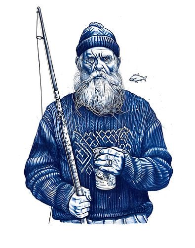 Oudere zeeman met hengel en mok