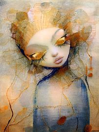 Modern Abstract. Dromerig Portret in Goud en Blauw