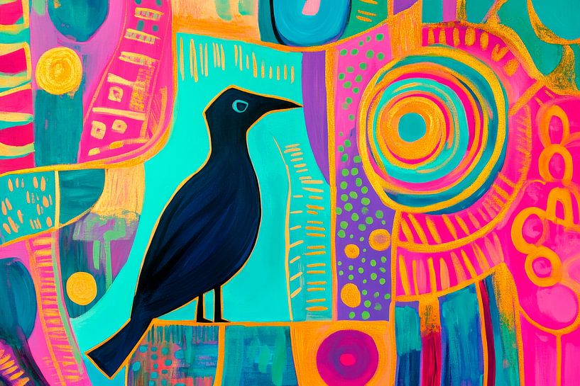 Zwarte vogel tegen een kleurrijke achtergrond van Poster Art Shop