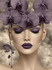 Velvet Orchid - Portret van een Vrouw met Paarse Orchideeën Kroon
