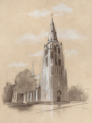 Vintage pentekening kerk op perkamentpapier
