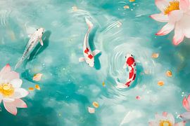 Koi im Teich mit Seerosenblüten von Poster Art Shop