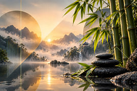 Bambous zen et pierres au bord d'un lac de montagne | Paysage asiatique au lever du soleil doré | Affiche au format paysage