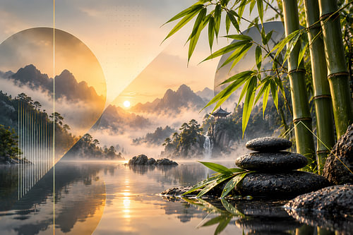 Zen Bambus mit Steinen am Bergsee | Asiatische Landschaft im goldenen Sonnenaufgang | Poster Querformat