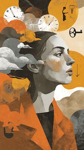 Zwevende sleutels en klokken Surrealistisch portret