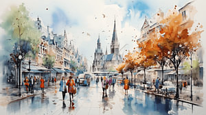 Abstrakte Malerei in der Stadt mit  Einkaufszentrum Leute, Haus, Straßen Farbe, Aquarell-Kunst Design