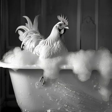 Coq dans la baignoire - Une image de salle de bain amusante sur Felix Brönnimann