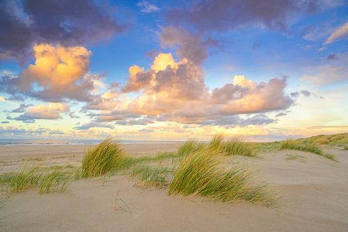Zonsondergang op het strand van Texel met duinen in de voorgrond