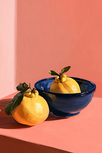 Golden quinces with indigo and coral