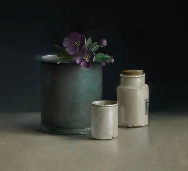 Still life with tin jug by annemiek art