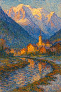 Sonnenuntergang in Chamonix Mont Blanc – Französische Alpen Fluss Impressionistische Kunst