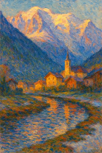Chamonix Mont Blanc Sunset – French Alps River Impressionist Art