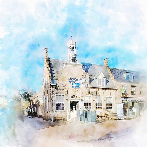 Aquarelschilderij van oude Stadhuis Domburg, Zeeland