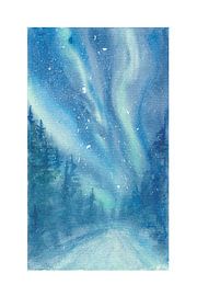 Averse romantique des Perséides et aurore boréale dans la forêt hivernale nocturne