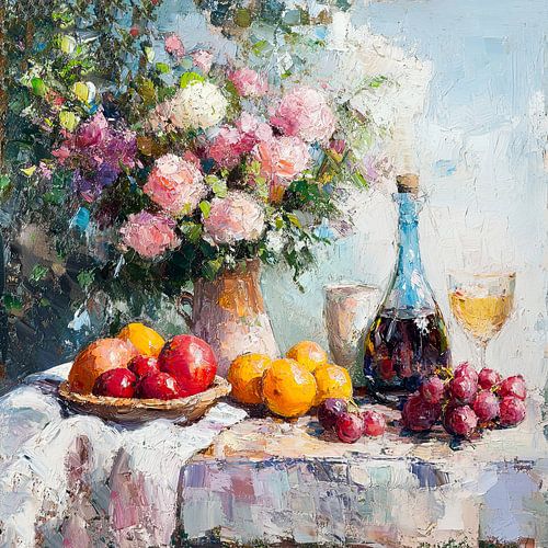 Zomer aan tafel met bloemen en fruit