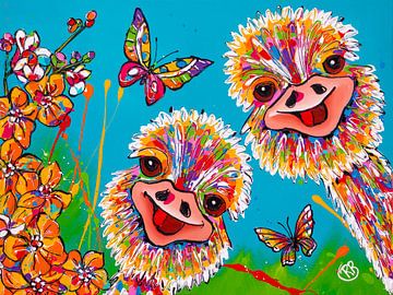 Vrolijke struisvogels met vlinders van Happy Paintings