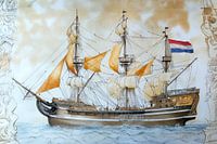 Detailed drawing of a historic VOC sailing ship with Dutch flag