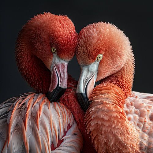 Close-up van twee flamingo’s die tegen elkaar aan liggen