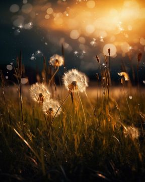 Wilde bloemen in de natuur bij zonsondergang van fernlichtsicht