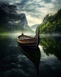 Lonely boat in the mountain lake