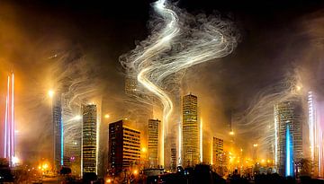 Futuric city by night 2 van Peter Nackaerts