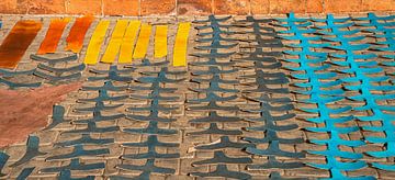 coloured and cut leather on the street in Marrakech, Morocco by Jan Fritz