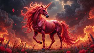 PYRAVEL - Une licorne rouge ardente dans la tempête du crépuscule