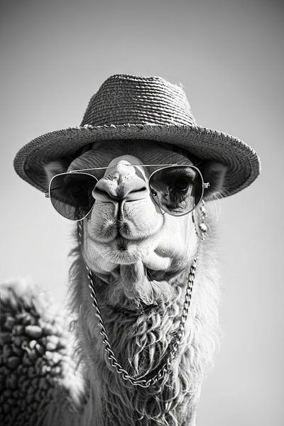 Black And White Portrait Of A Camel With Hat And Glasses by Poster Art Shop