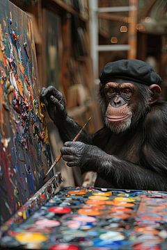 Creatieve aap met baret schildert kleurrijk beeld van Felix Brönnimann