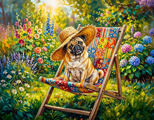 Whimsical Summer Garden Mops Dog Illustration