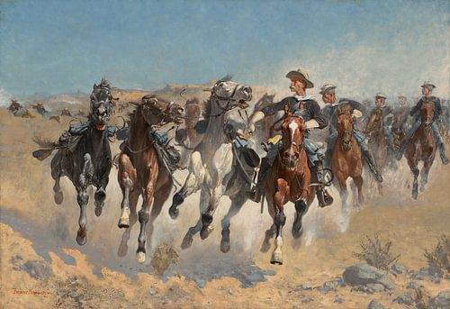 Te paard: De vierde cavaleristen verplaatsen de geleide paarden, Frederic Remington
