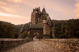 Rue pavée vers le château de Burg Eltz à la lumière du matin