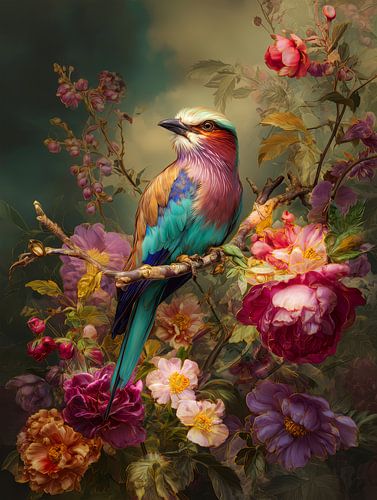 Colourful bird among blooming flowers by But First Framing