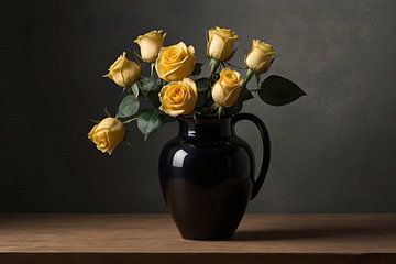 Black vase with yellow roses still life by De Muurdecoratie
