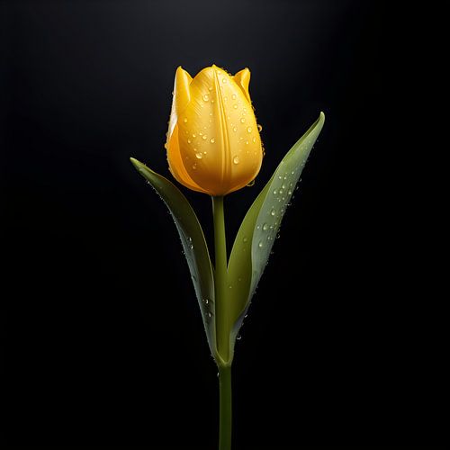 Simple Splendour: Yellow Tulip in the Silence of the Dew, Shining on a Deep Black Background