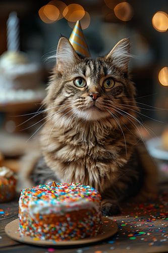 Grappige kat viert verjaardag met feestmuts en taart