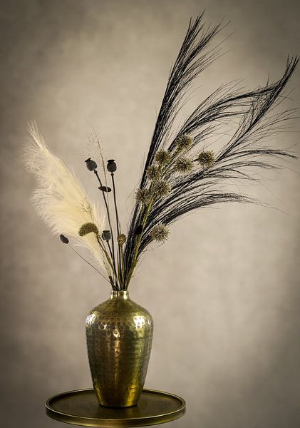 Still life plumes in gold vase by Marjolein van Middelkoop
